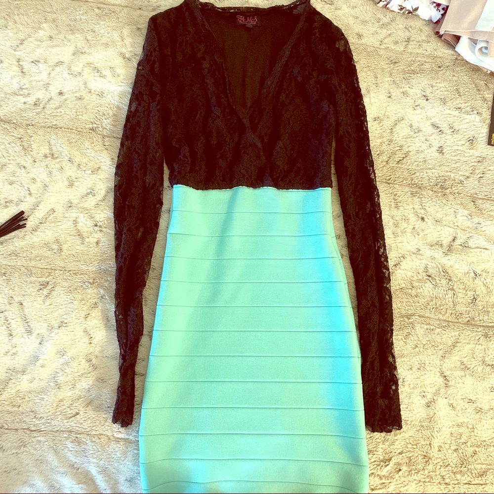 Teal dress with black lacy long sleeve top